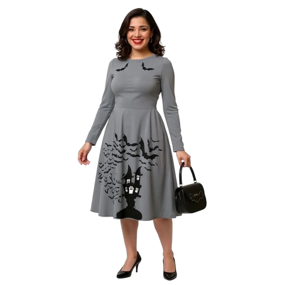 Gothic Bats Pockets Pinup Long Sleeve Dress - Picture 7 of 12